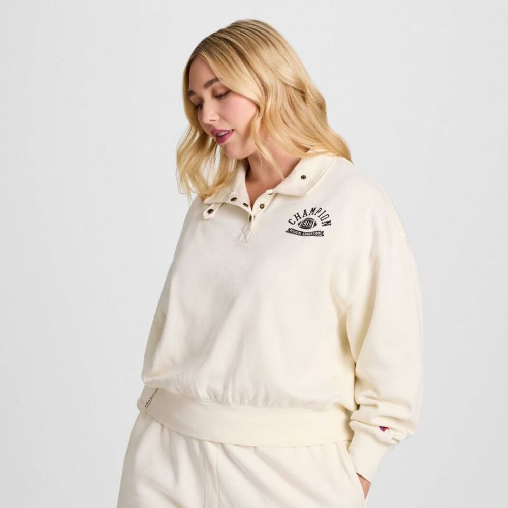 Champion Women's Long Sleeve Fleece 1/4 Snap Cropped Pullover - Cream 2X